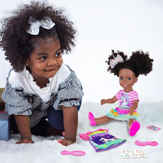Ecore Fun 14 Inch Black Doll with Black Baby Doll Clothes Accessories – Including Dress, Top, Skirt, Shoes, Comb, Mirror, Hairclip, Phone & Stickers - African Realistic Silicone Girl Dolls for Girls