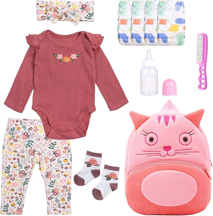 11Pcs Reborn Baby Doll Clothes 17-22 Inch Girl Floral Reborn Doll Clothes with Backpack Newborn Baby Outfits Diapers Bag & Feeding-Bottle, Pretend Play Doll Accessories Set