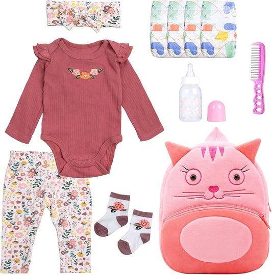 11Pcs Reborn Baby Doll Clothes 17-22 Inch Girl Floral Reborn Doll Clothes with Backpack Newborn Baby Outfits Diapers Bag & Feeding-Bottle, Pretend Play Doll Accessories Set