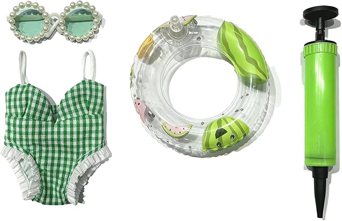 Doll Clothes for LABUBU, 4-Piece Summer Set with Accessories: Bikini, Inflatable Ring, Sunglasses & Air Pump for Pool Party (Doll Not Included)