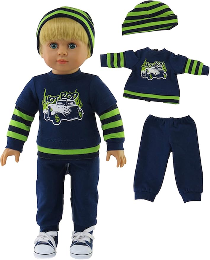 American Fashion World Boy’s Blue and Green Pants Set for 18-Inch Dolls | Beanie Included | Premium Quality & Trendy Design | Dolls Clothes | Outfit Fashions for Dolls for Popular Brands