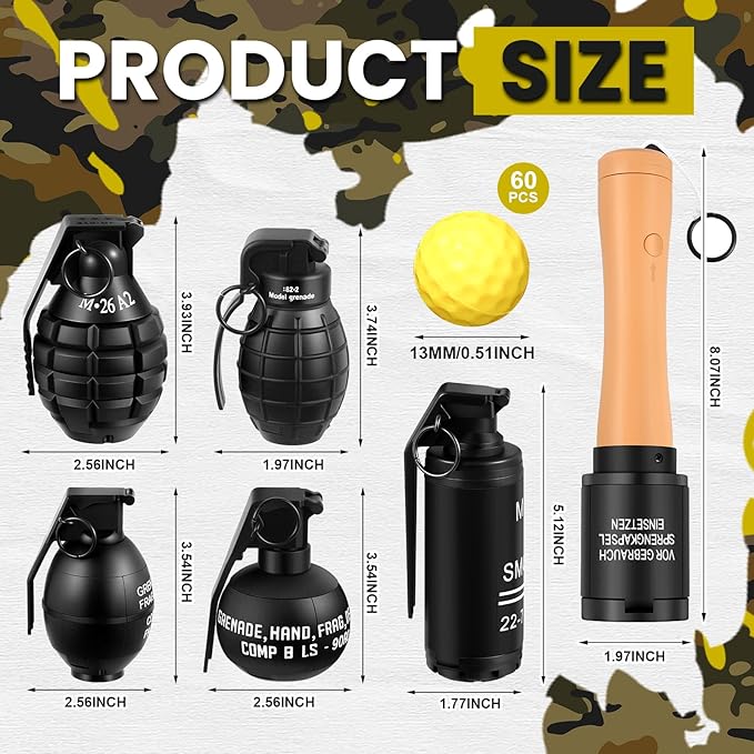 Sratte 6 Pcs Toy Hand Grenade for CS Battle Game, Fake Tactical CS-Grenade Toys with 60 Foam Ammo Fun Impact Pull Ring Grenade for 14+ and Adult Outdoor Sports(Black)