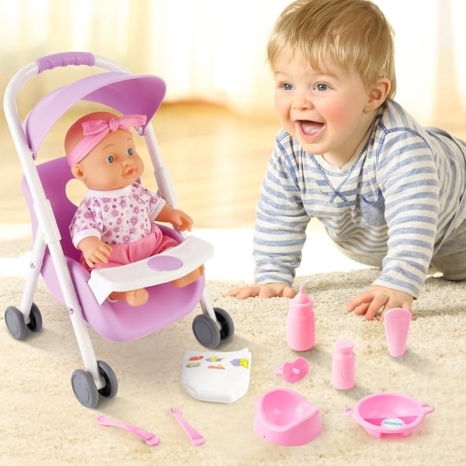 deAO Baby Doll Set Play Set Includes Miniature Crib,Mobile High Chair Stroller,12PCS Baby Doll Accessories,Great Pretend Play Gift for 3+ Years Old Kids Girls Boys S