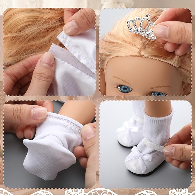 RoundFunny 7 Pcs 18 Inches American Doll Clothes Outfit First Communion Dress with Matching Headband Veil Bracelet Shoes Socks Necklaces Fit 18 Inches Dolls, Doll Not Included(Crown)