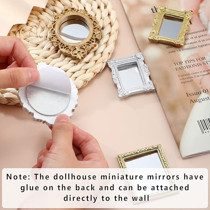 Skylety 10 Pieces Miniature Dollhouse Mirror European Frame Mirror Victorian Baroque Wall Decor Miniature Bedroom Mini Furniture Accessory for 1/12 Dollhouse Decor, Gold and Silver