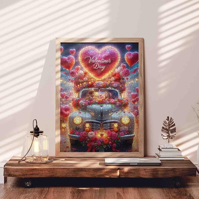 Valentine's Puzzle 1000 Pieces Puzzles for Adults, Heart Balloons Decorate Car Jigsaw Puzzles for Challenging Family Activity Games DIY Puzzle for Home Wall Decor Gifts - 19.7 x 27.6 Inches
