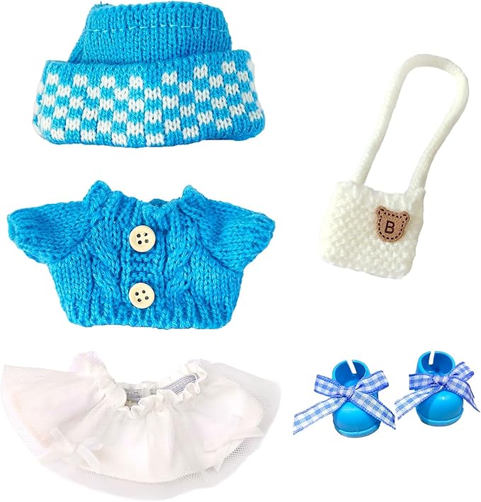 17cm Doll Clothes for Lububu,Outfits Set with Hand-Crocheted Blue Sweater, Hat, Skirt, Shoes and Bag, Designer Clothing and Accessories for Macarons Series Dolls Dress-Up(Blue Sweater Skirt)