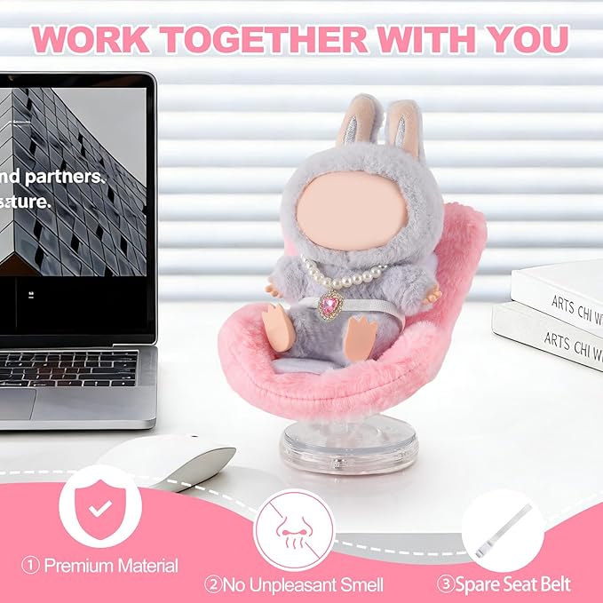 Cute Doll Car Seat for Labubu, Premium Car Seat Accessories for 4-7in Dolls, Including Air Vent Clip, Desktop Stand, Adjustable Strap, Airflow-Friendly Design(Pink)