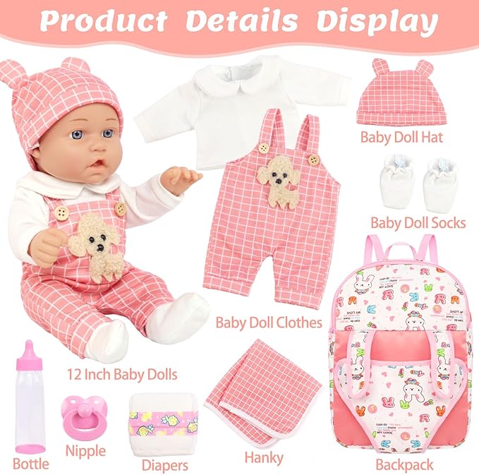 UNICORN ELEMENT 12" Baby Dolls with Backpack Carrier,12 Inch Baby Doll Accessories Cute Hat Pacifier Bottle Diaper Doll Playset for 3+ Year Old Kids