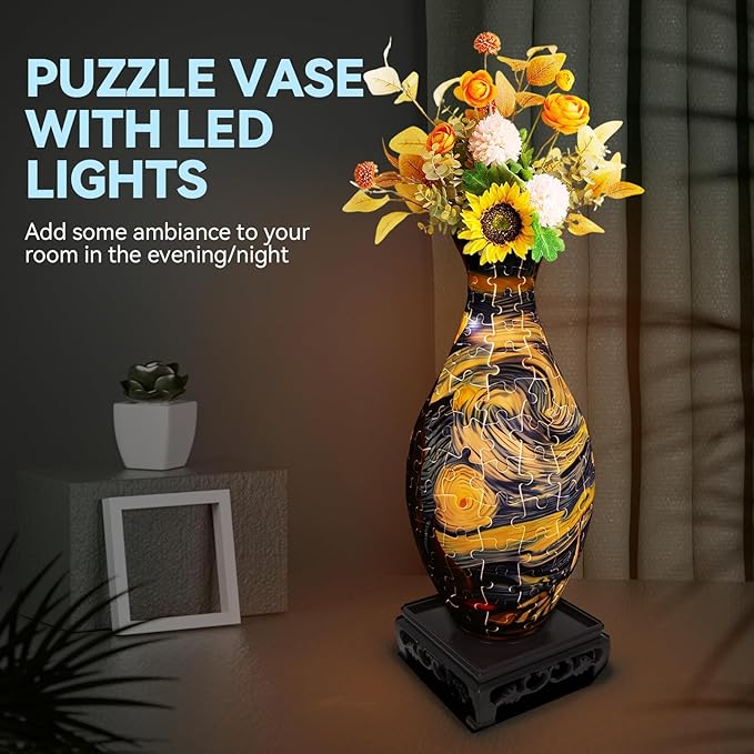 3D Puzzles Vase for Adults, Crafts for Adults, 160 Pieces Plastic DIY Unique Flower Vase with LED Light House Warming Gift Birthday Gifts for Flower Arrangements and Home Decor (Blue)