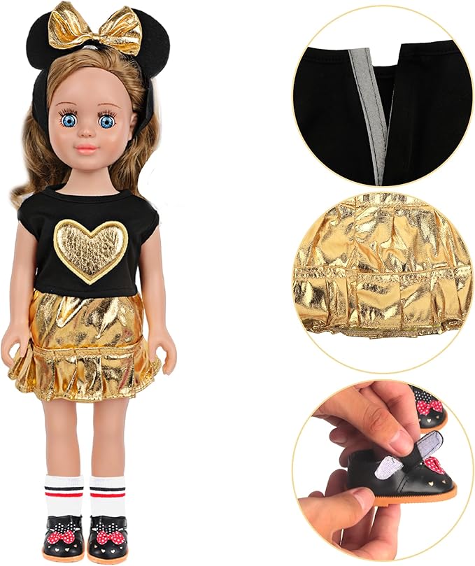MSYO 18 Inch Doll Clothes and Accessories Set,Black Gold Heart Top & Metallic Gold Skirt Outfit with Mouse Ears Headband,Sunglasses,Socks,Shoes,Bracelet,Fits 16-18 Inch Baby Dolls(Gold)