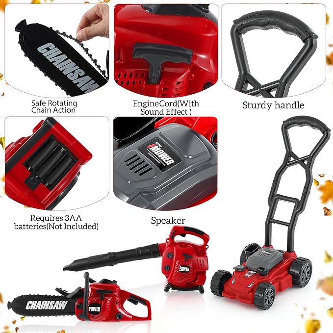 3 Pcs Toy Gardening Tool Set for Kids Toy Leaf Blower Chainsaw Push Lawn Mower Pretend Set with Lights and Sounds Christmas Birthday Gifts for Boys Girls