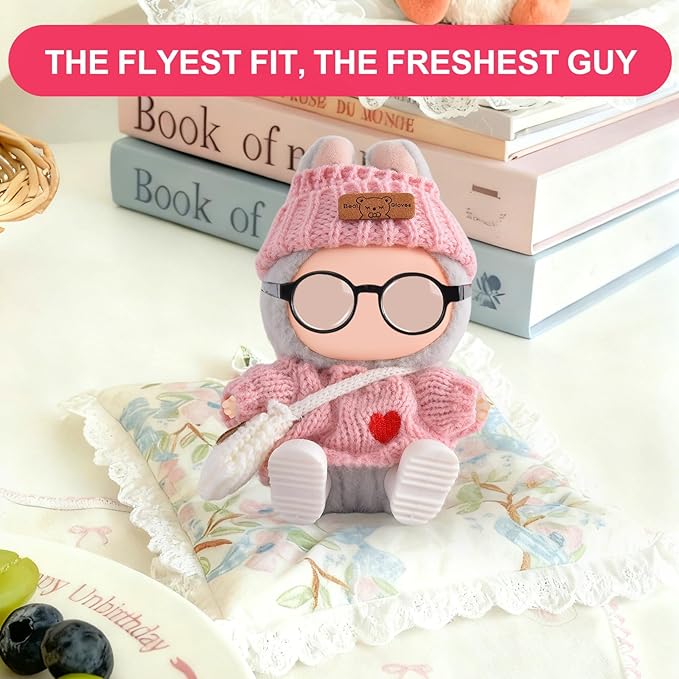 Doll Clothing for Labubu, Premium Outfits for Labubu Dressing up, Handcrafted Crochet Doll Accessories for Labubu with Sweater, Hat, Glasses, Small Bag, Boots(Pink)