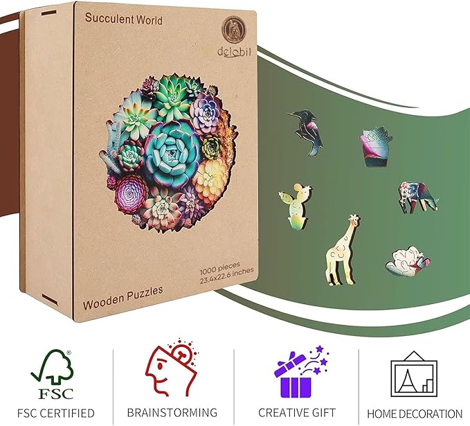 Delobil Wooden Jigsaw Puzzles - Mandala Succulent Plants, 1000 Piece Luxurious Shaped Wooden Puzzles for Adults and Kids, Family Game, 23.4'' x 22.6''