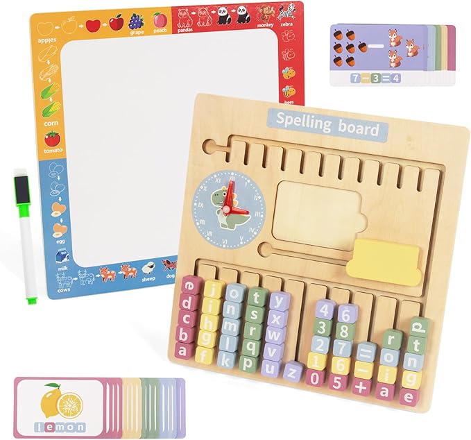 Wooden Spell Learning Games, Montessori Toys for 2 3 4 5 Year Old Kids Match Letter Spelling Game Board & Numbers, CVC Word Builder Toddler Educational Toy Kindergarten Preschool Learning Activities