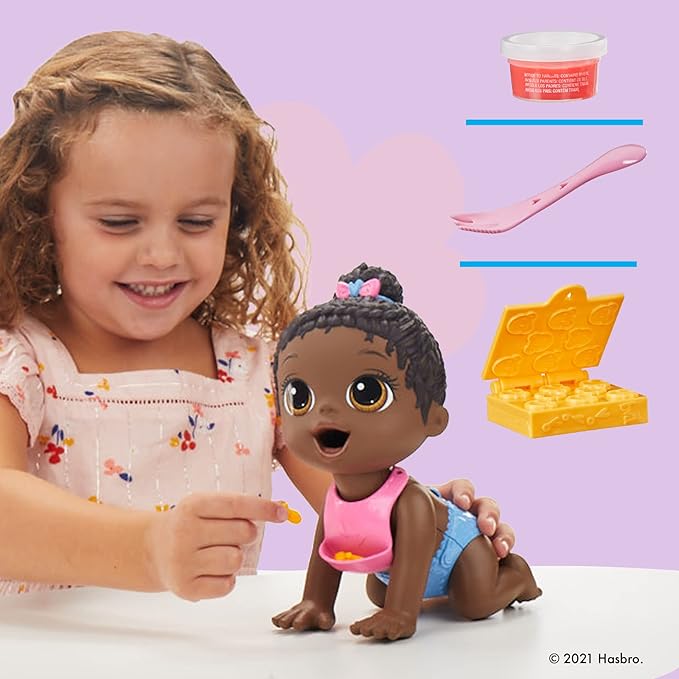 Baby Alive Lil Snacks Doll - Eats/Phee Children's Artists Protect to Bloons Dolly, 8-Inch Baby Doll, Snack Box Mold, Black Hair
