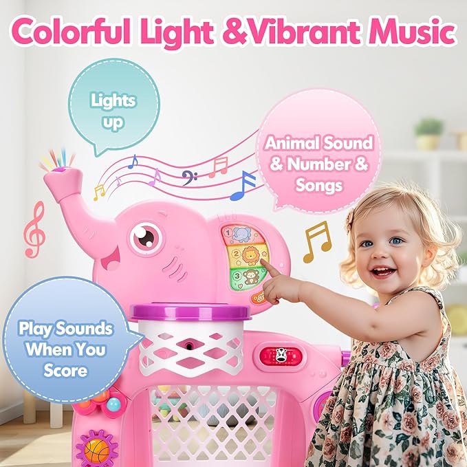Toddler Basketball Hoop & Soccer Goal, Toys for 1 2 3 Year Old Boys Girls, Kids Sports Toy with Light Sound Music, Montessori Toys for Baby 12-18 Months, Christmas Birthday Gifts for Ages 1-3(Pink）