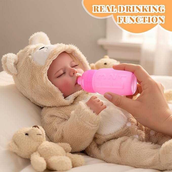 BABESIDE Drink and Wet Reborn Baby Doll – 17 Inch Realistic Sleeping Newborn, Can Drink Water & Pee, Full Body Soft Vinyl Real Life Baby Doll Girl in Bear Outfit, for Kids Age 3+
