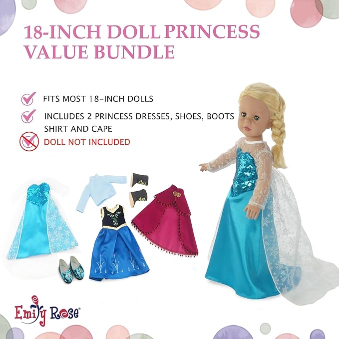 Emily Rose 18 Inch Doll Princess Costume Set 6-PC | 2 Complete Fairytale Outfits with Shoes - Compatible with American Girl, Our Generation, My Life As, and Adora Dolls | USA Brand