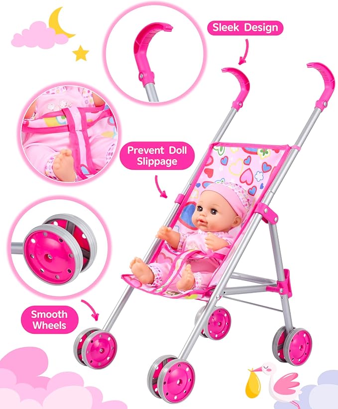 GAGAKU Baby Doll Stroller Playset with 12-inch Doll & Accessories, Foldable Lightweight Toy Stroller for Toddler Girls Kids Ages 1-6, 12" Baby Doll and Accessories Included