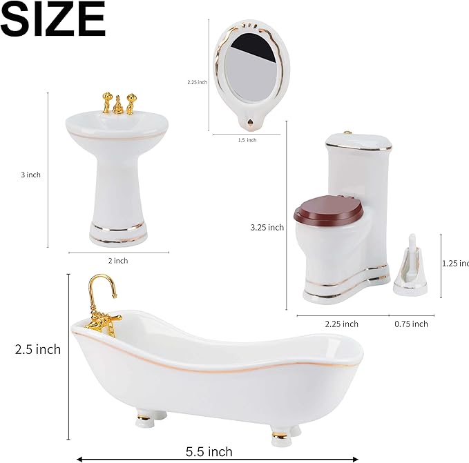 Waldosia 1:12 Scale Dollhouse Bathroom Fixtures and Accessories - Bathtub, Pedestal Sink, Working Toilet Tank, Mirror, Brush Holder (5 PCS A Set)