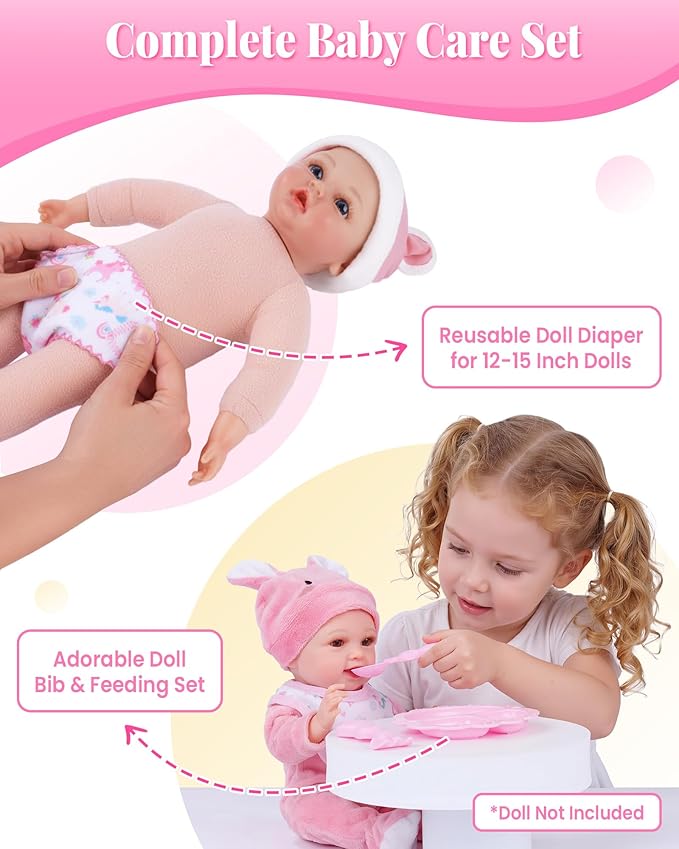 BABESIDE Baby Doll Accessories,10 Pieces Baby Doll Diaper Bag Set with Magic Bottles, Pacifiers, Doll Diaper & Pretend Play Feeding Set for Dolls, Ideal Gift for Kids Age 3+