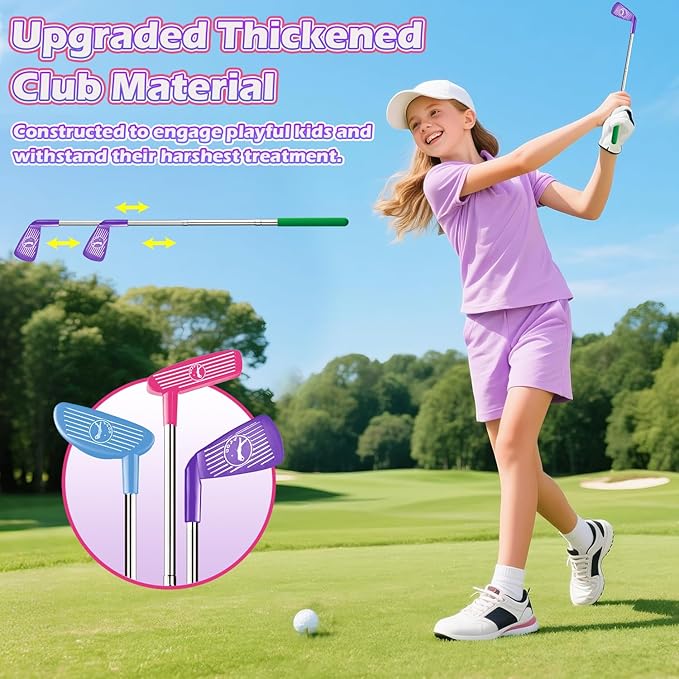 Kids Toy Golf Set with Dinosaur Automatic Golf Returner, Led Light Up Night Golf Balls, 3 Clubs, Putting Mat, 3-8 Toddler Mini Golf Games, Indoor Outdoor Sports Toys for Boys Girls (Pink)