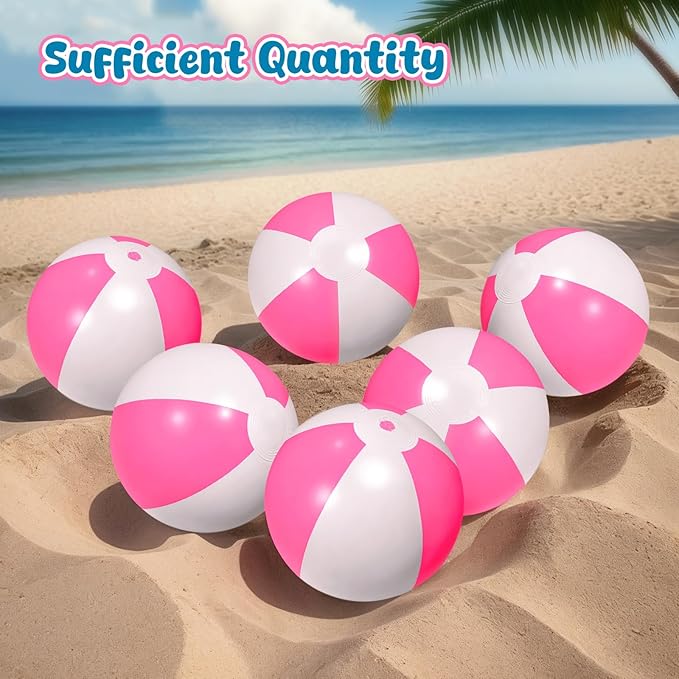 AMOR PRESENT 12PCS Beach Balls Bulk, 8.5" Pink and White Inflatable Blow Up Pool Balls, for Kids Swimming Pool Beach Party