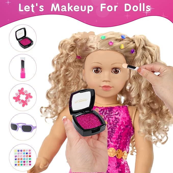 18 Inch Girl Doll Clothes and Makeup Accessories Playset, Included 2 Sets Doll Clothes, Gauze Skirt, Sunglasses, Belt, Stickers, Hair Clips, Bracelets, Eyeshadow, Lipstick, Blush (No Dolls and Shoes)