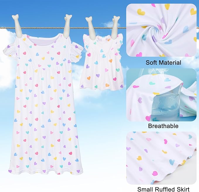 ICOSY Matching Doll & Girls Nightgowns Clothes Girls Pajamas Sleepwear Outfit for Kids and 18" Girl Doll