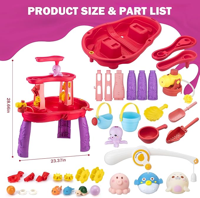 Water Table for Toddlers 3-5 Outdoor Toys for Kids Ages 4-8 3-Tier Kids Sand Water Table with Fishing Game Set Activity Sensory Table Summer Gift Beach Outside Toys for Toddler Girl