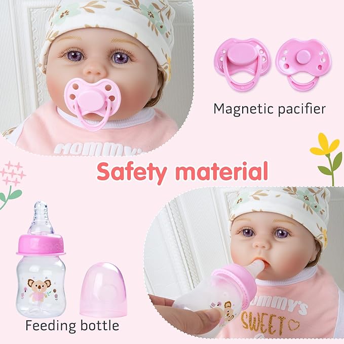 Reborn Baby Dolls Clothes Outfit Accessories Pink Floral Prints 13 Pcs Set for 17-22 Inch Reborn Dolls Newborn Girl with Pink Strawberry Backpack Diaper