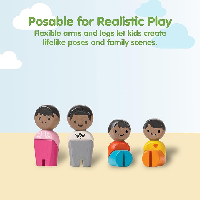 PlanToys® Family Wooden Dollhouse Figurine Set | 4 Poseable 1:12 Scale Mini Dolls (Parents & Kids) | Dollhouse Accessories for Pretend Play | Eco-Friendly Montessori Toy for Kids Ages 3+