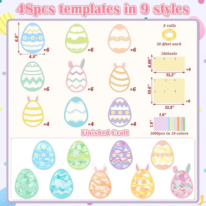 Renbuzhu 48PCS Easter Crafts Bulk: Eggs Paper Suncatchers DIY Kit for Activities Decorations, Window Stained Glass Effect Art Ornaments