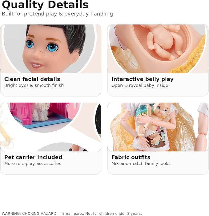 Family Doll Playset for Kids with Pregnant Mom Doll, Dad, Kids, Dollhouse Pets & Accessories – Pretend Play Toy Set for Boys & Girls, Interactive Family Storytelling Imagination Gift
