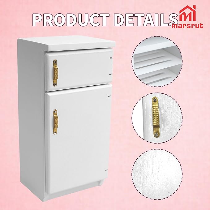 1/12 Scale Dollhouse Refrigerator Miniature Fridge Kitchen Furniture Wooden Doll House Mini Accessories Living Room Dining Decoration Modern Playhouse Decor Prop Model, White (2.4x2.1 x5.2inch)