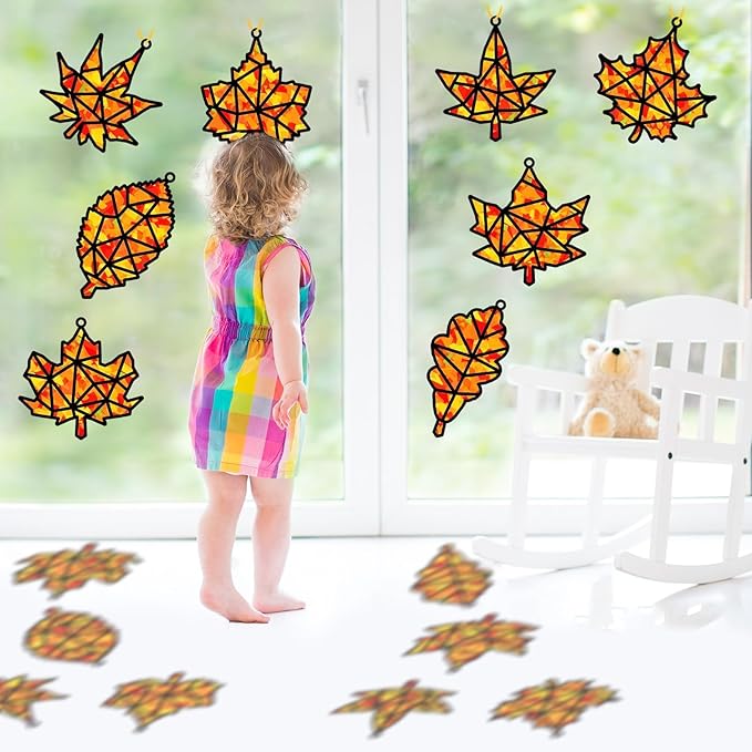 32 Sets Thanksgiving Fall Maple Leaf Suncatchers Craft Kit DIY Window Stained Glass Effect Autumn Maple Leaf Paper Crafts Home School Classroom Decoration Kid Gift Creative Art Project Activity Game