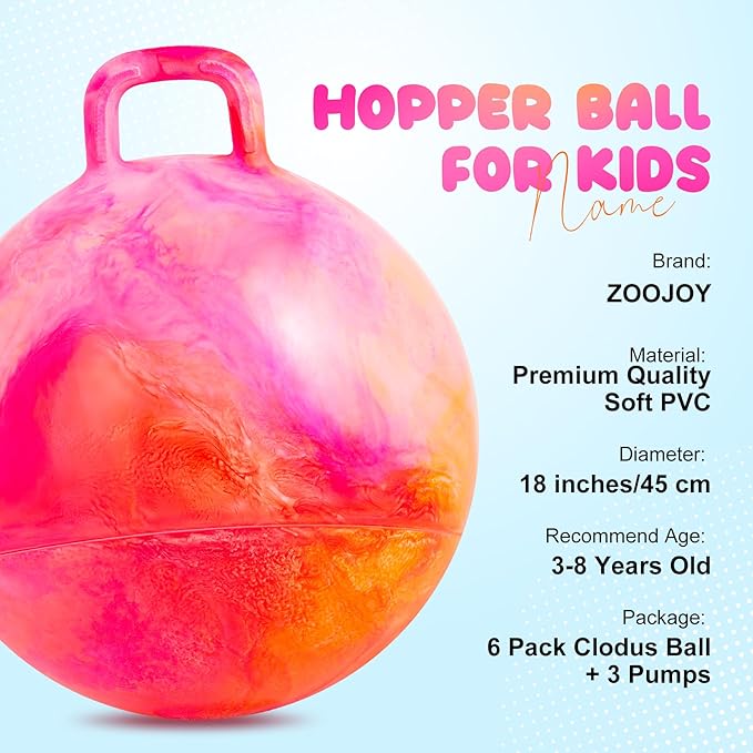 ZOOJOY 6pcs Hopper Balls for Kids 3-8, 18in Clouds Bouncy Ball with Handle, Sit on Hopping Toys for Sport/School/Team Indoor Outdoor Play Toys, Easter Basket Stuffers Gifts for Girls Boys 3 4 5 6 7 8