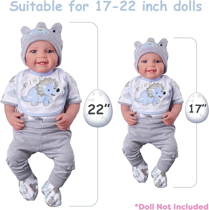 BABESIDE 6 Pcs Reborn Baby Doll Clothes for 17-22 Inch Babydolls, Dinosaurs Pattern Lifelike Reborn Baby Doll Accessories with Hat Bib and Socks for Realistic Baby Dolls Boy & Girl