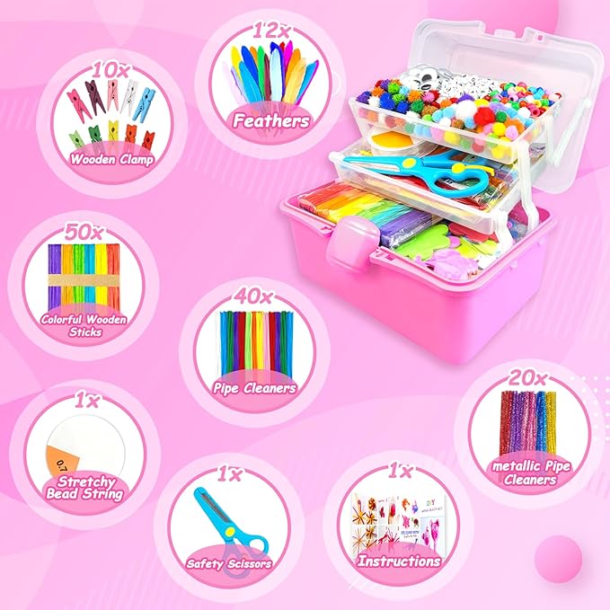 3000 Arts and Crafts Supplies for Kids Craft Kit Craft Box with Pipe Cleaners Arts and Crafts for Kids Age 4-6, 6-8, 8-12 DIY School Supplies Materials Set Toys Gifts for Girls Boys Toddlers, Red