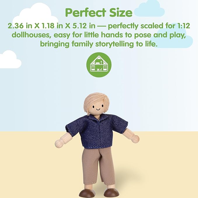 PlanToys® Mother Wooden Dollhouse Figurine | Poseable 1:12 Scale Mini Doll (5 Inch) | Dollhouse Accessories for Pretend Play | Eco-Friendly Montessori Toy for Kids Ages 3+