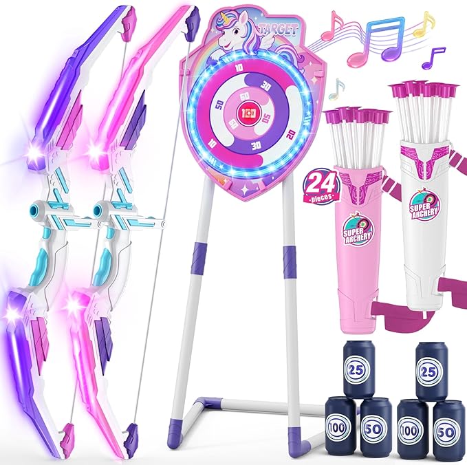 2 Pack Bow and Arrow for Kids, LED Light Up Unicorn Archery Set with 24 Suction Cup Arrows, 1 Standing Glow Target, 6 Score Targets & 2 Quivers, Indoor Outdoor Sport Toys for Girls Ages 4-12