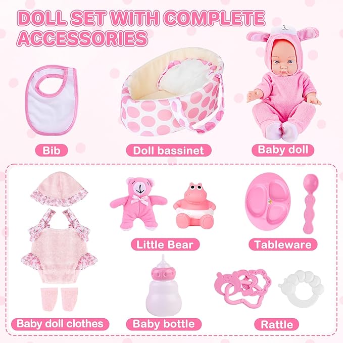 deAO 13'' Baby Doll Playset with Bassinet Carrier Bed Baby Doll Accessories Including Pillow Clothes Pacifier Pretend Play Set Gifts for Girls Ages 3+