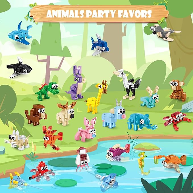 24 Packs Animals Building Sets for Kids,3 in 1, 72 Kinds of Transformable Building Block Toy,Compatible with Lego Party Favors,Classroom Student Prizes Birthday Gifts for Kid Age 6+