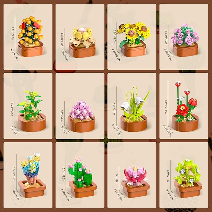 12 Pack Flowers Succulents Mini Building Set - 1403PCS Flower Botanical Collection for Home Office Décor 3.6MM Plant Blocks Toy, Easter Birthday Gifts for Adults Women Kids Girls10+