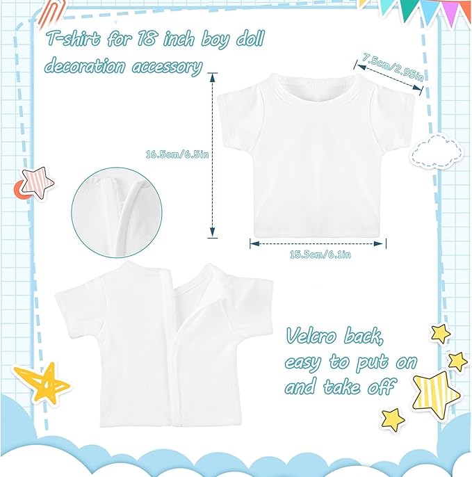 8 Pcs 18 Inch Boy Doll T Shirt Clothes Sublimation 18’’ Doll Outfits Accessories Classical Tee Shirts Fit 18 Inches Doll White and Black for Doll Decoration DIY Pretend Play