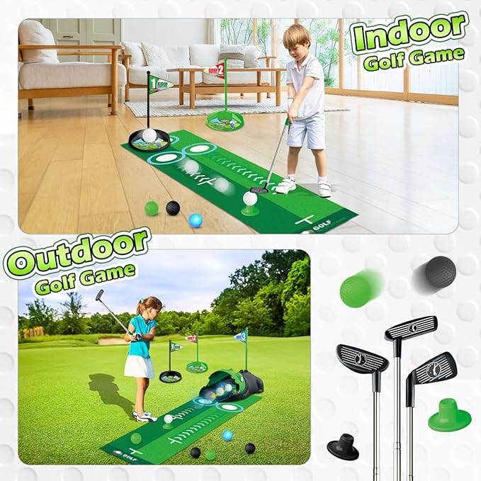 Upgraded Kids Toy Golf Set with Dinosaur Automatic Golf Returner, Led Light Up Night Golf Balls, 3 Clubs, Putting Mat, 3-8 Toddler Mini Golf Games, Indoor Outdoor Sports Toys for Boys Girls