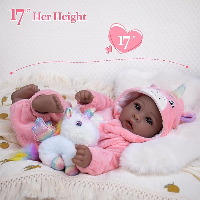 Aori 17 Inch Black Baby Dolls Realistic Black Doll with Light Weighted Soft Body & Pink Outfits for Girls 3+ | Pretend Play, Dress Up, Nursery Decor
