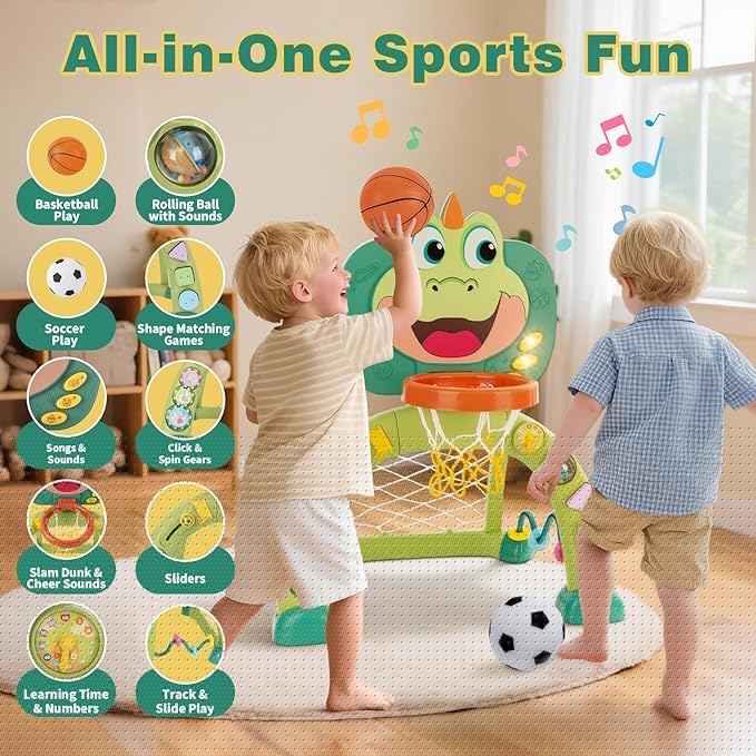 Basketball Hoop & Soccer Goal for Toddlers: Activity Center for 1 2 3 Year Old Boys Girls - Dinosaur Sports Toy with Lights & Music - Educational Interactive Toy Gift for Baby Kids Christmas Birthday