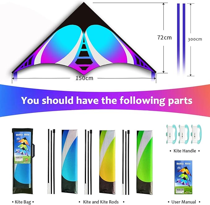 HONBO Large Delta Kite for Kids & Adults,Extremely Easy to Fly Kite for Beach Trip,String Line Included,with Colorful Tail,Perfect for Beginners